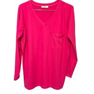 Zenana V-Neck Fuschsia Brushed Microfiber Long Sleeve Front Pocket Sz Large EUC